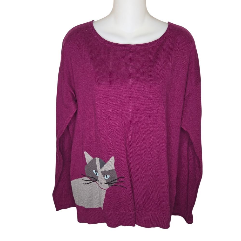 Caslon Scoop Neck Long Sleeve Cat Sweater Size 1 1x